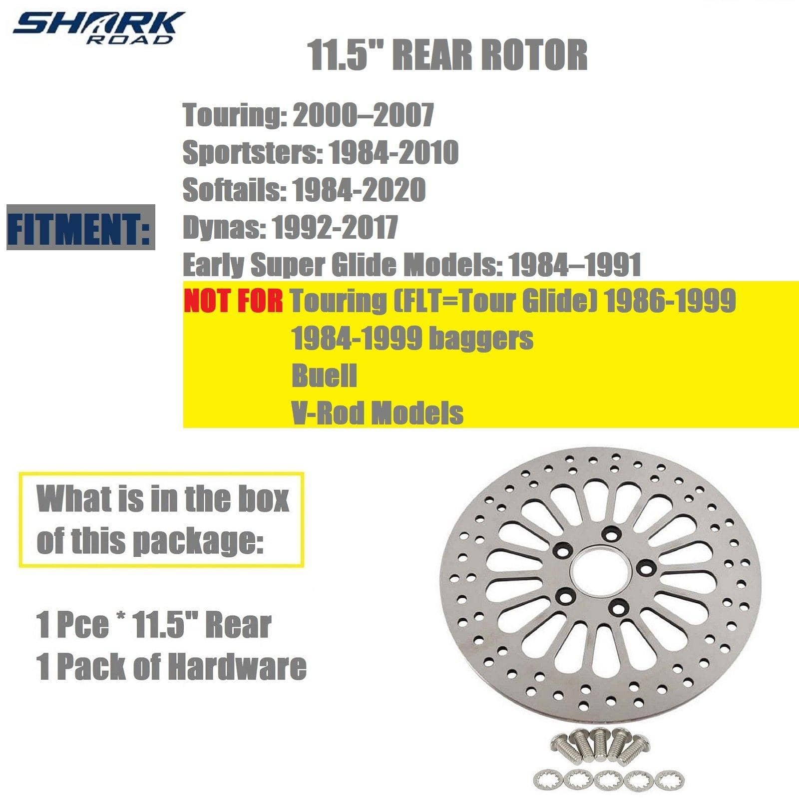 1 Piece Rear Rotor for Harley Davidson Brake Parts Upgrade, Suit for Touring Sportster Softail Dyna  11.5'' Rear Brake Rotors, Great performance No Vibration brake rotors for harley davidson HDRT-1002 - SHARKROAD 1 Piece Rear Rotor for Harley Davidson Brake Parts Upgrade, Suit for Touring Sportster Softail Dyna  11.5'' Rear Brake Rotors, Great performance No Vibration brake rotors for harley davidson HDRT-1002 - SHARKROAD
